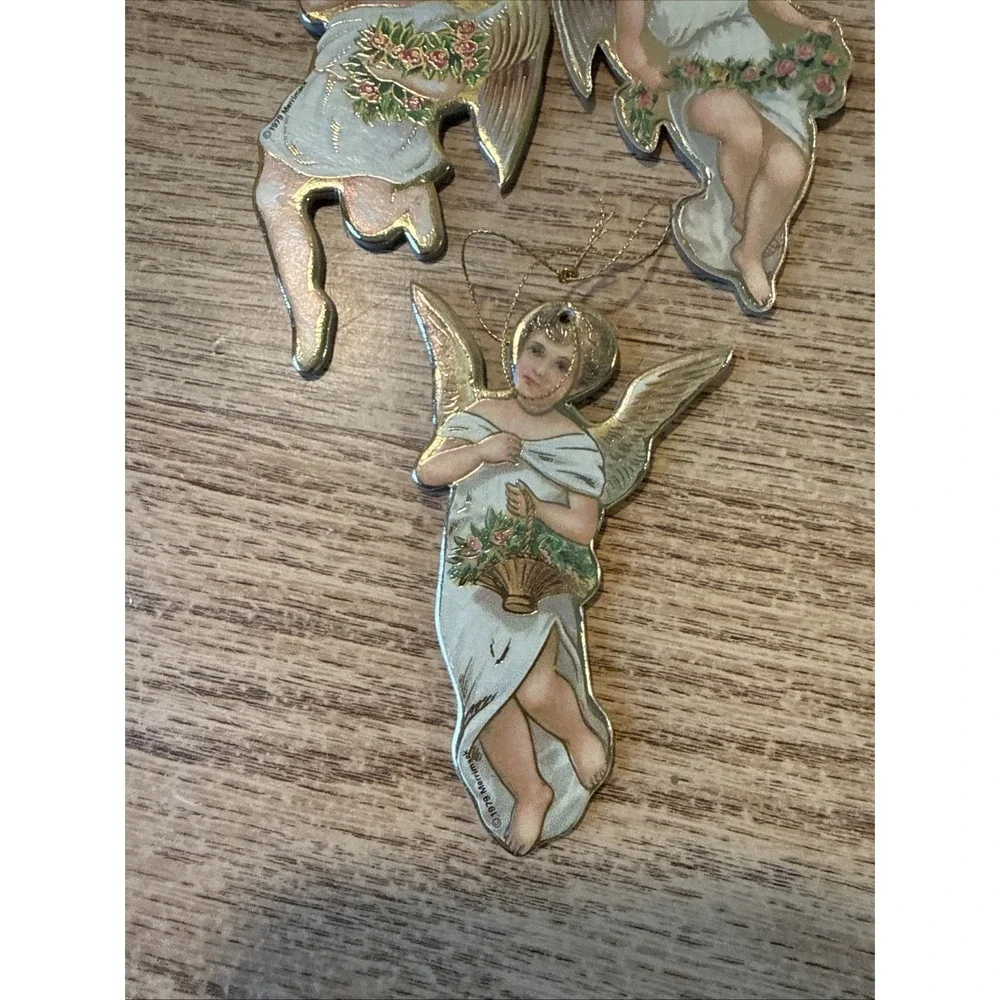 3 Pc Victorian Style Die Cut Angel Christmas Ornaments 1979 Merrimack Paper Gold